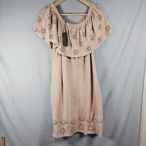 AS by DF Tan Leather Suede Off Shoulder Eyelet Ruffle Dress Tan Nude Medium READ
